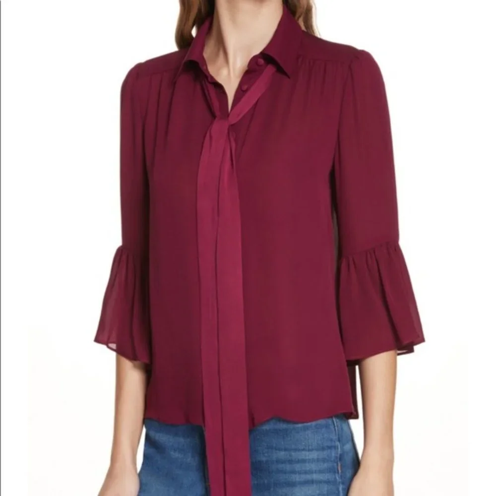 ALICE + OLIVIA 'Currant' Purple 100% Silk Top with Neck Tie Blouse Size XS - Picture 2 of 16